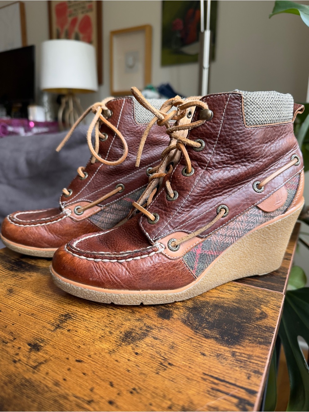 Sperry Leather Plaid Wedge Ankle Boots Brown Women 6M